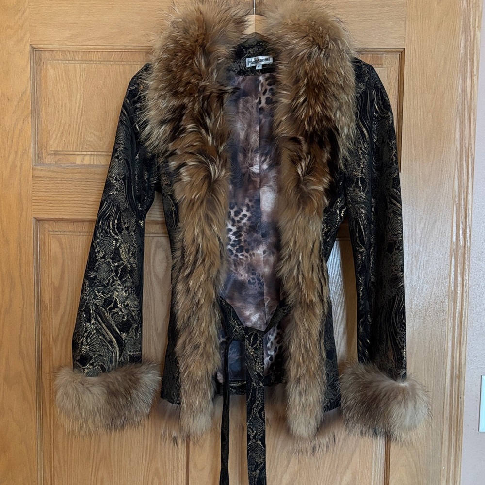 EUVC Elegant Black & Brown Fox Fur Trim Metallic suede leather Jacket S 8